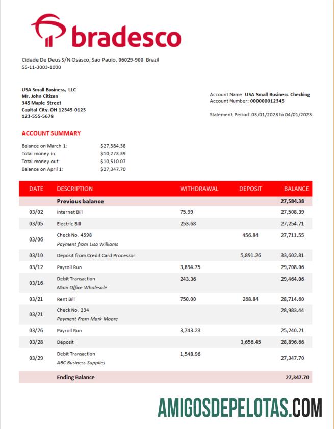Baixável Bradesco Bank Extrato de Conta Corporativa Modelo Word e PDF
